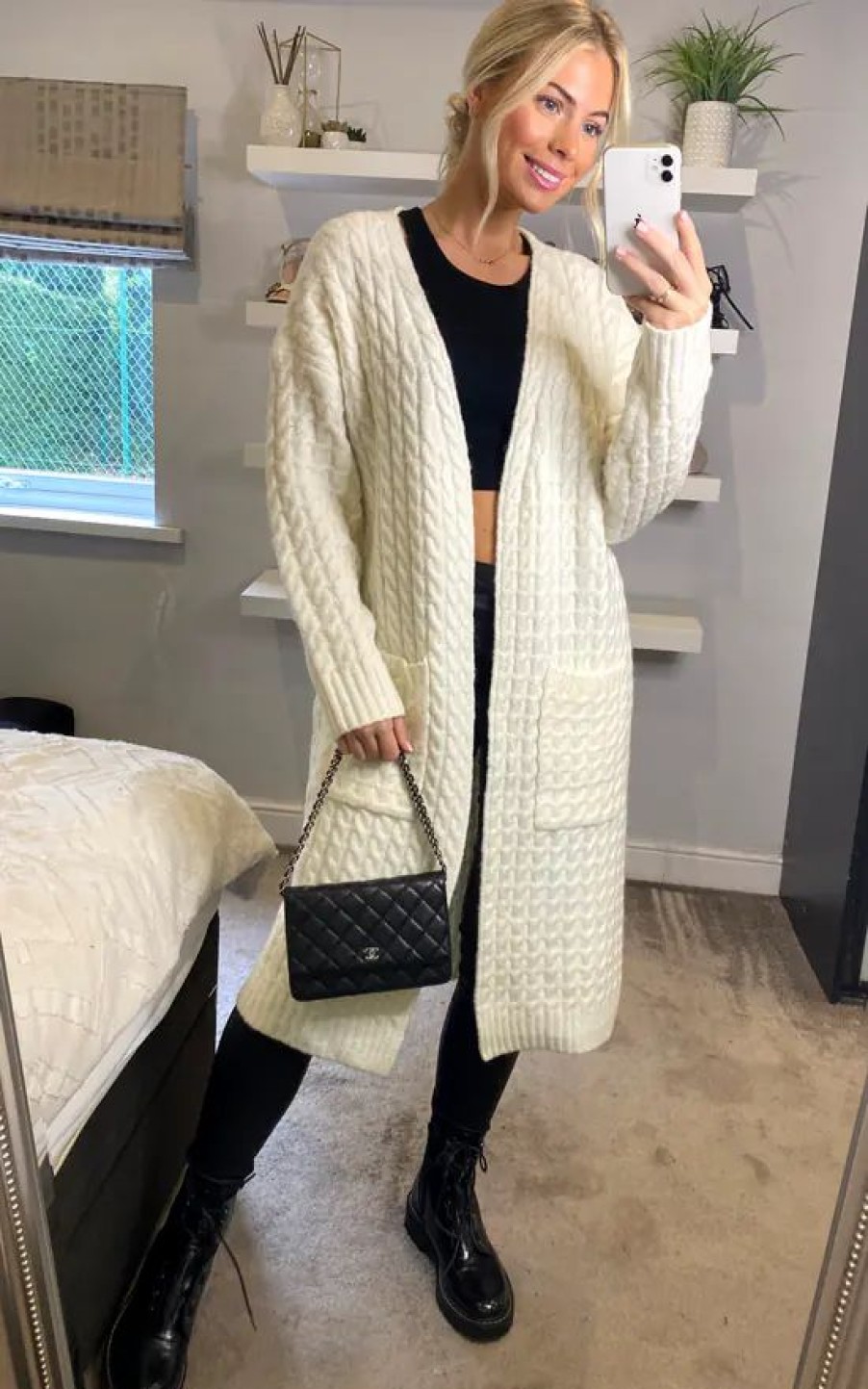 Knitwear * | Hot Sale Cy Boutique Cable Knit Design Wool Blended Long Oversized Cardigan In White