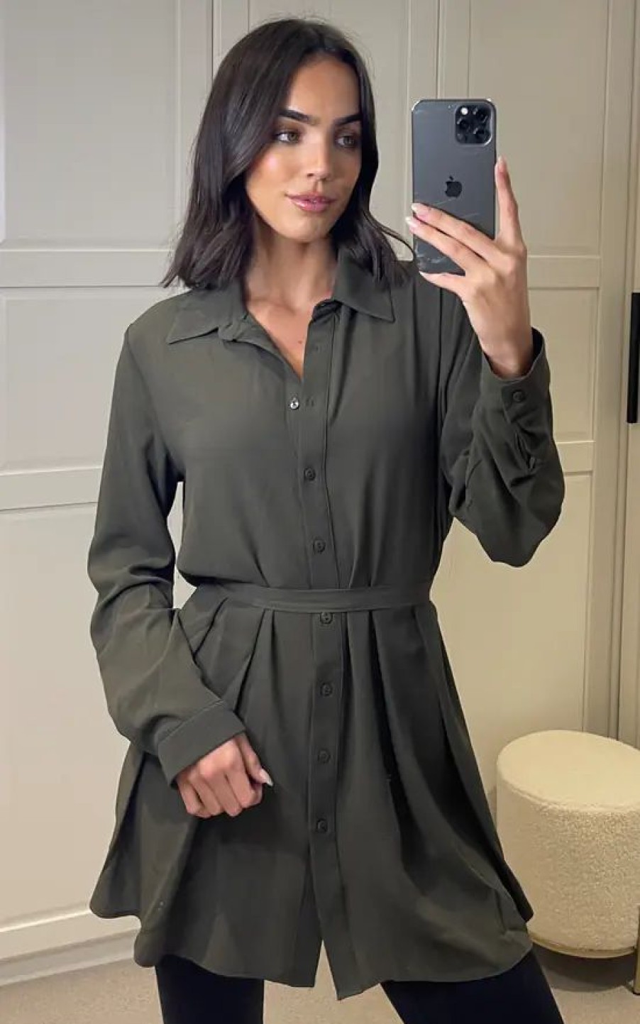 Tops * | Coupon Hoxton Gal Oversized Long Slevees Pleated Shirt Top With Matching Belt In Khaki