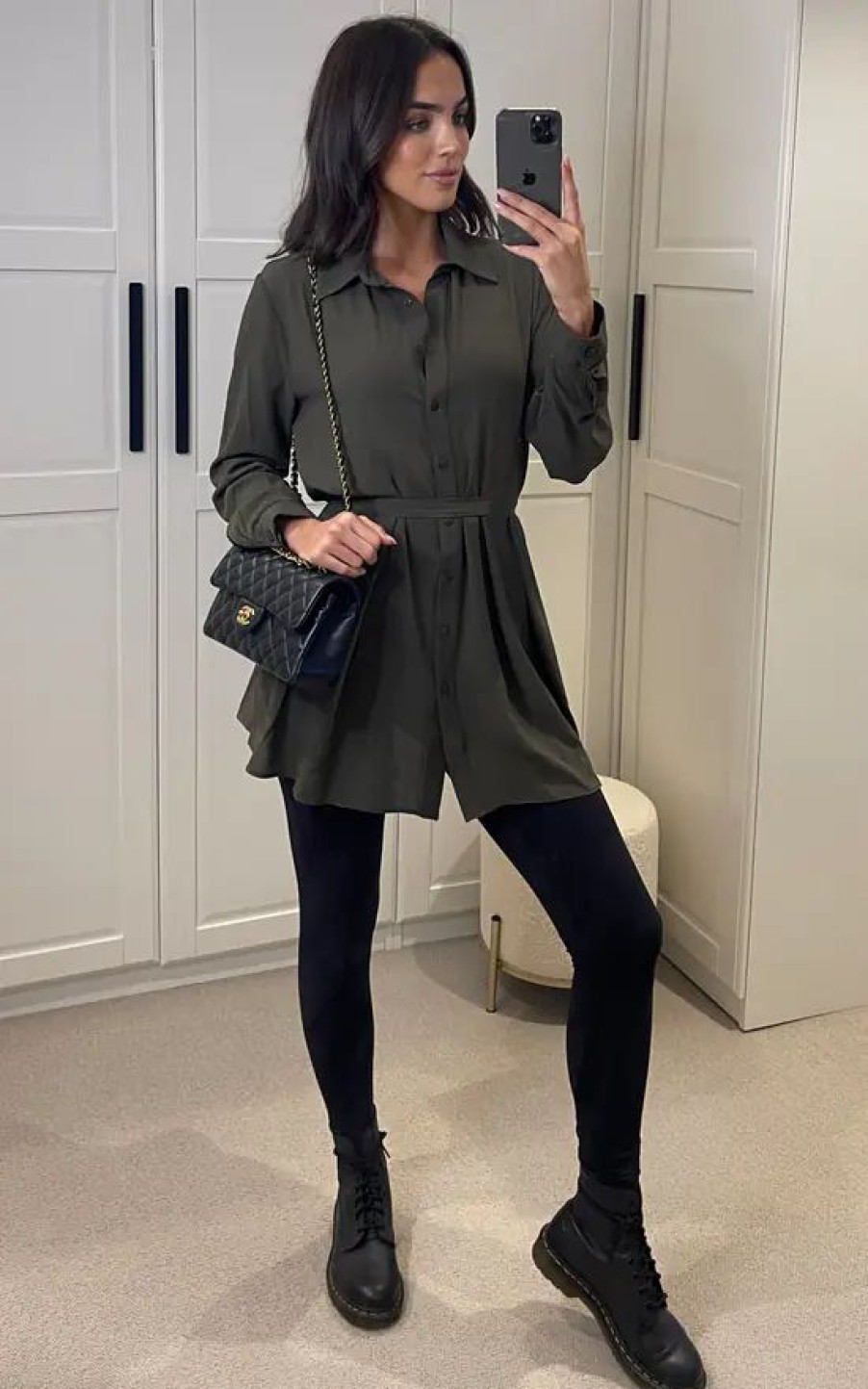 Tops * | Coupon Hoxton Gal Oversized Long Slevees Pleated Shirt Top With Matching Belt In Khaki