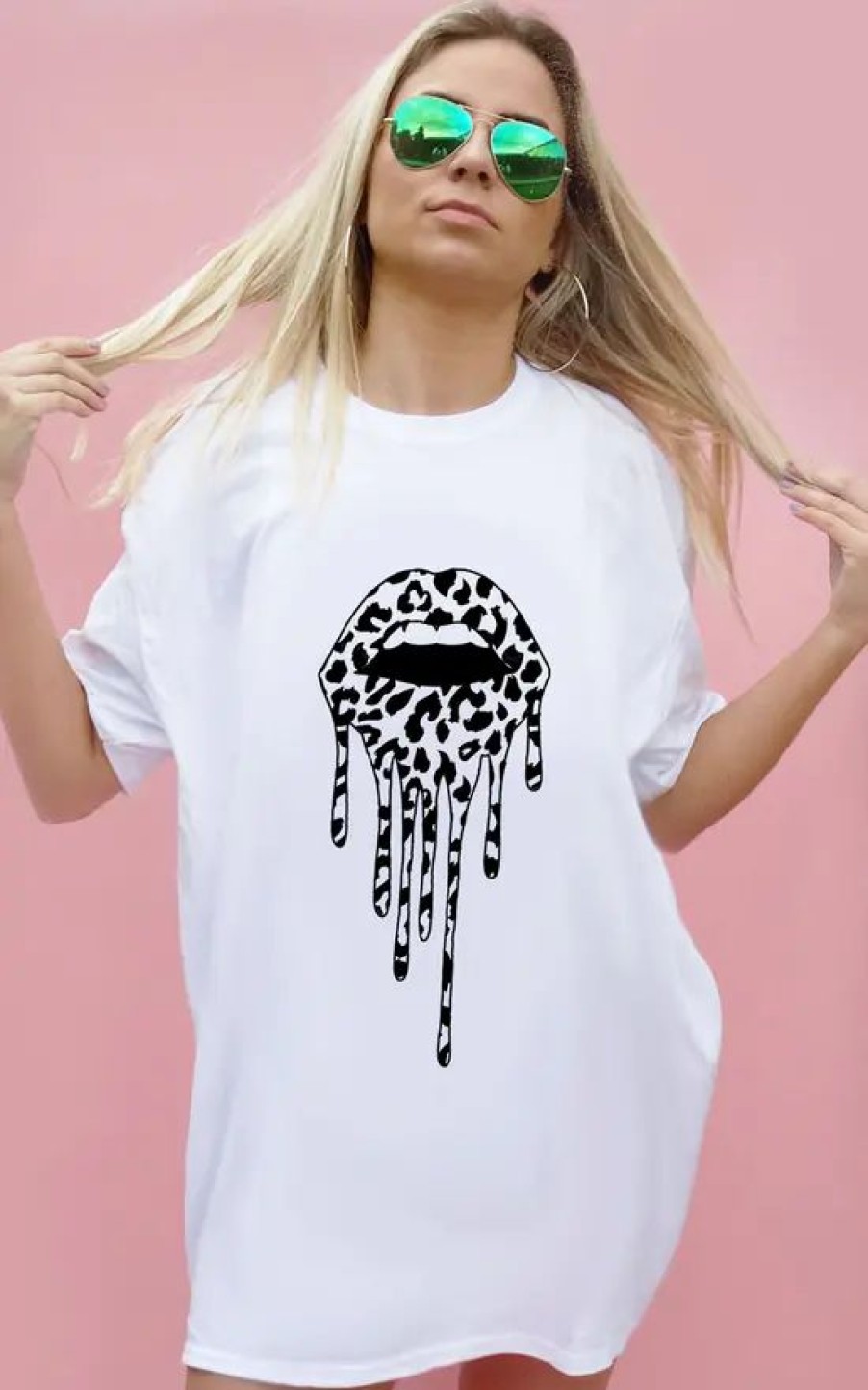 Dresses * | Best Sale Sade Farrell Leopard Print Drip Lip Outline Tshirt Dress In White