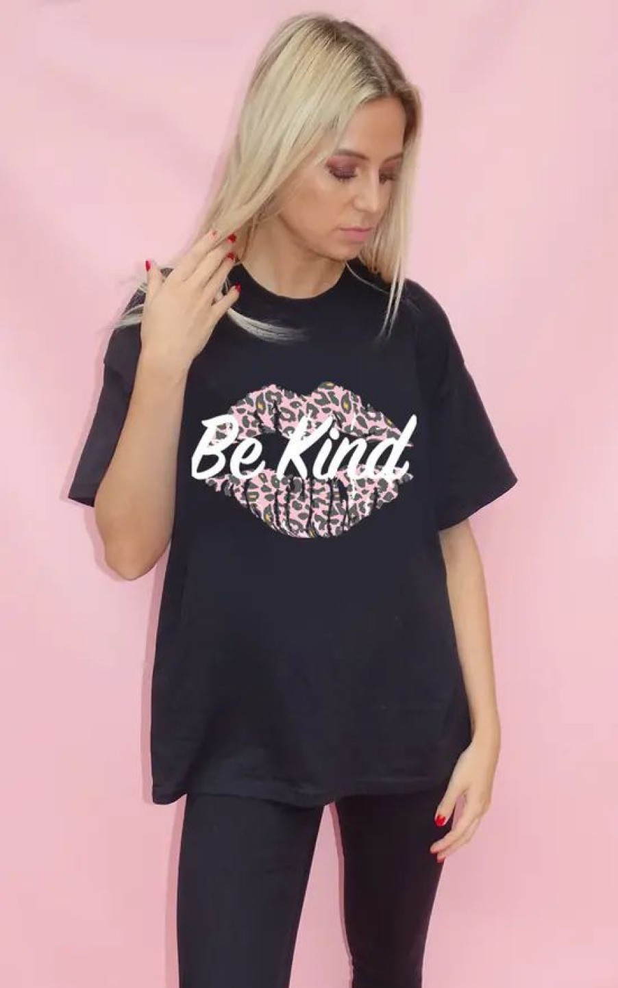 Tops * | Best Pirce Sade Farrell Black Tshirt Top With Be Kind Pink Leopard Kiss