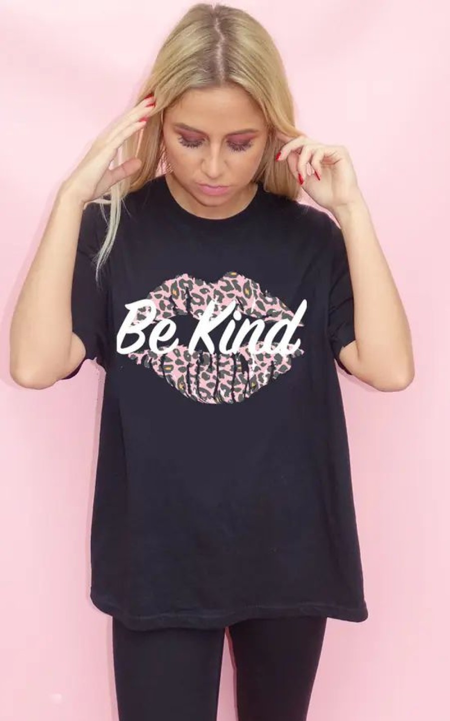 Tops * | Best Pirce Sade Farrell Black Tshirt Top With Be Kind Pink Leopard Kiss