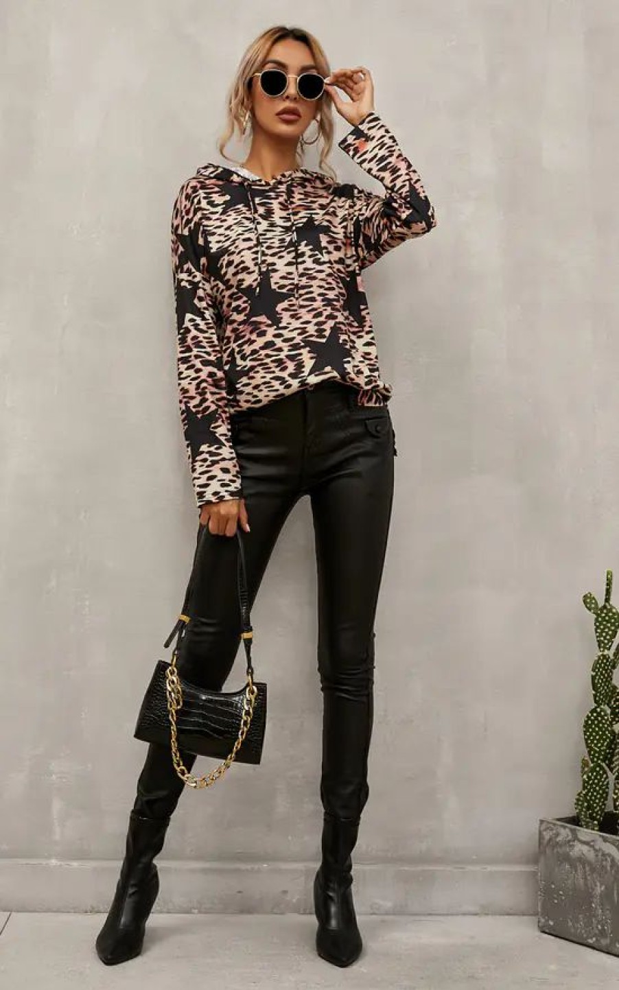 Tops * | Best Sale Fs Collection Hoodie Top In Black Animal & Star Print