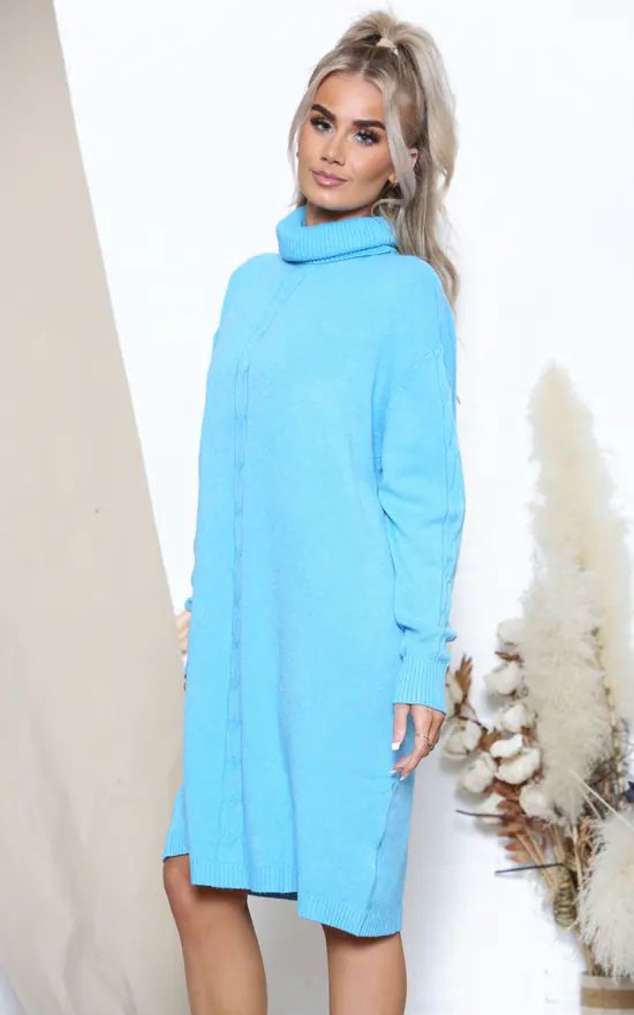 Dresses * | Best Deal Lucy Sparks Sky Blue Long Sleeve Turtle Neck Dress