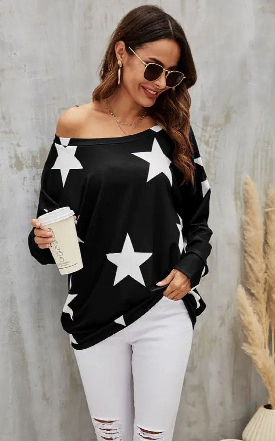 Tops * | Flash Sale Fs Collection Oversized Star Print Top In Black