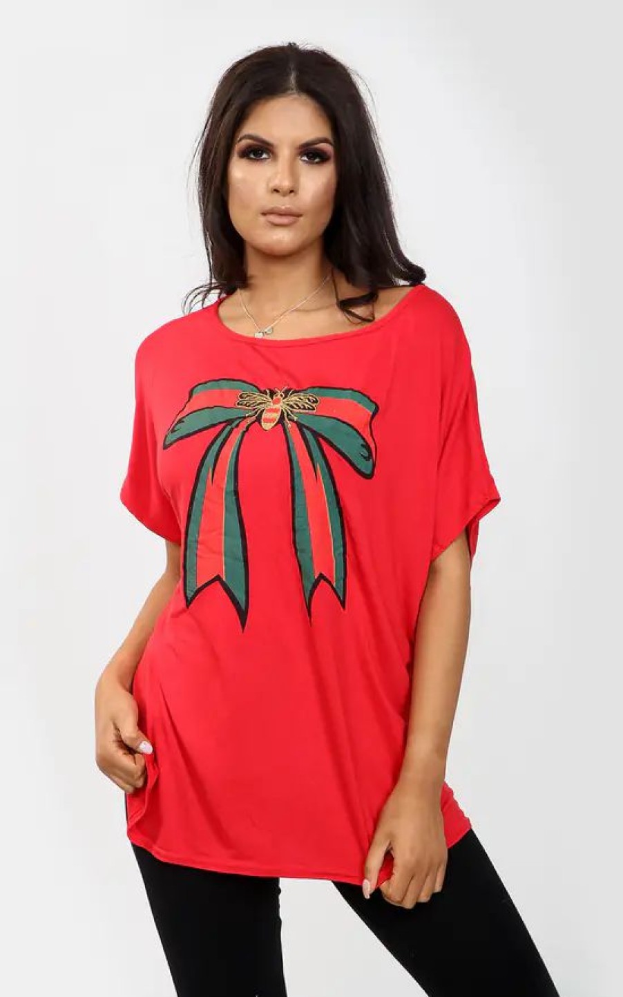 Tops * | Best Pirce Oops Fashion Red Batwing Oversized Tshirt With Graphic Print Bow