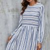 Dresses * | Wholesale Fs Collection Blue Stripe Print Long Sleeve Smock Dress In White