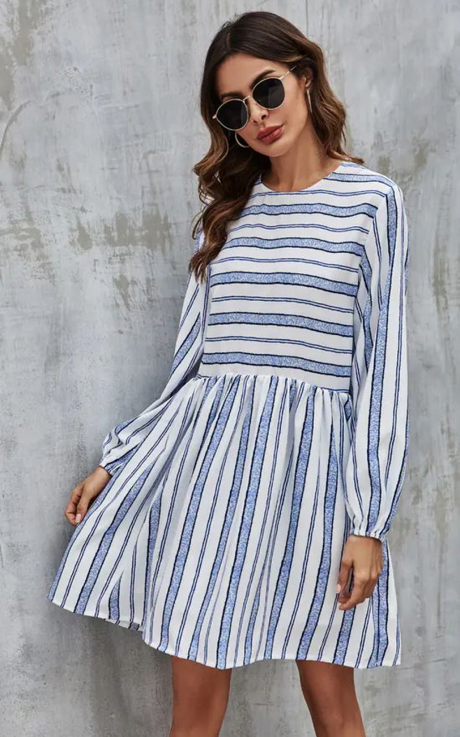 Dresses * | Wholesale Fs Collection Blue Stripe Print Long Sleeve Smock Dress In White