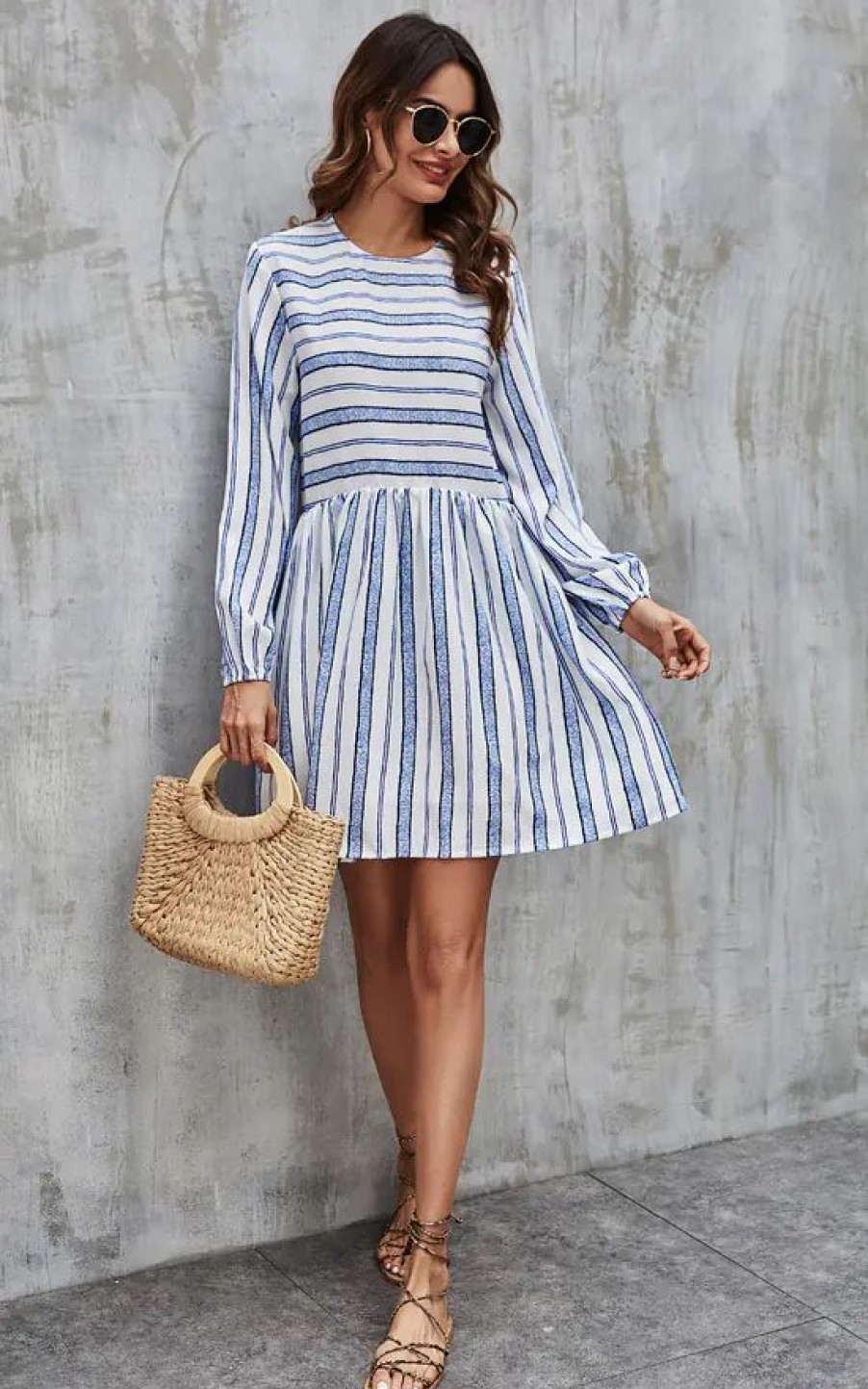 Dresses * | Wholesale Fs Collection Blue Stripe Print Long Sleeve Smock Dress In White