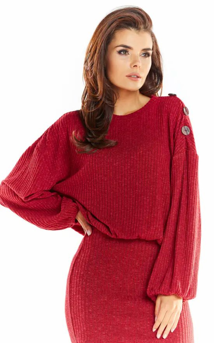 Dresses * | Promo Awama Claret Red Long Sleeve Rib Knit Top