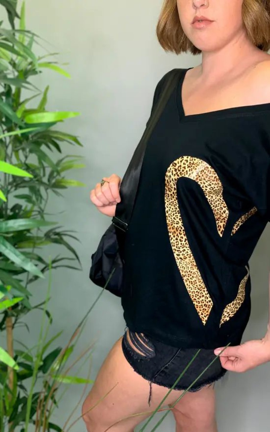 Tops * | Best Reviews Of Save The People Black Oversized T Shirt With Leopard Print Heart Graphic