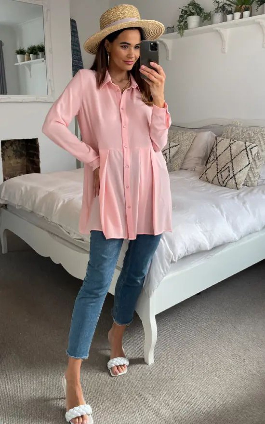 Tops * | Deals Hoxton Gal Oversized Long Sleeves Pleated Shirt In Pink