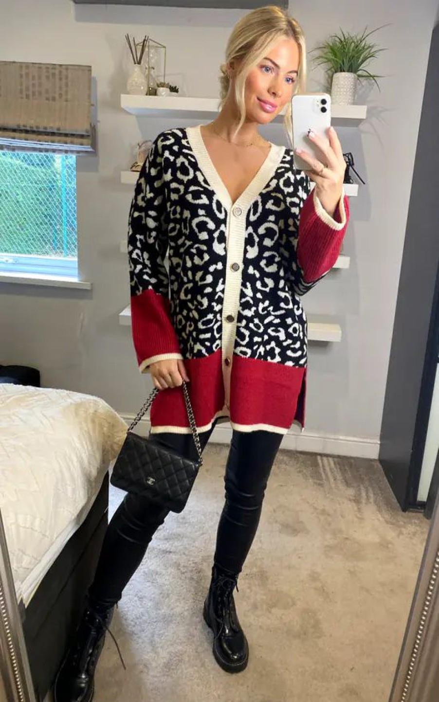 Knitwear * | Promo Cy Boutique Leopard Pattern Design Oversized Cardigan With Red Hem