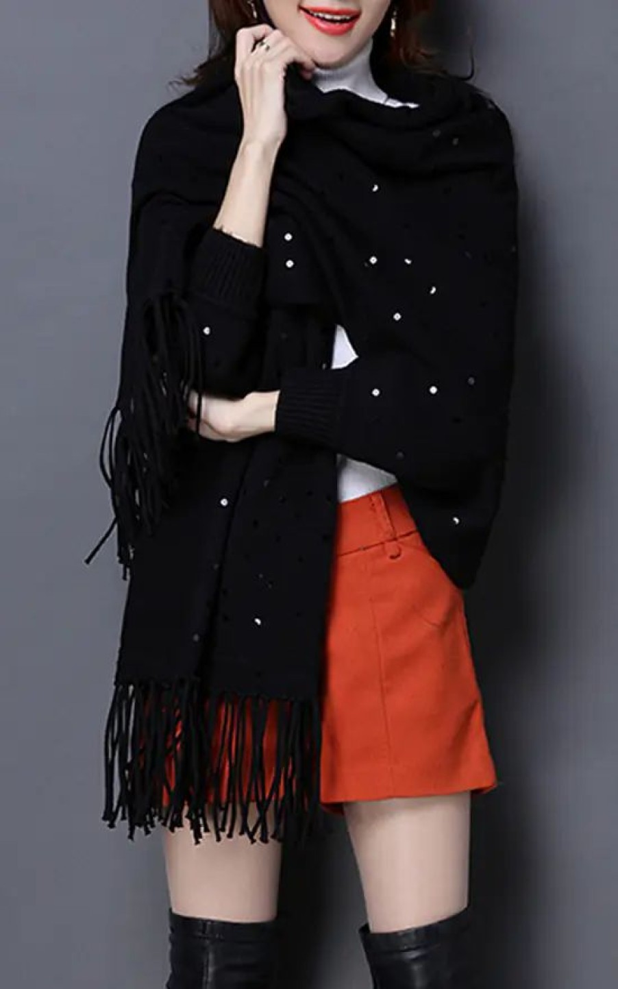 Knitwear * | Brand New Fs Collection Black Wool Blend Sequin Tassel Detail Wrap Shawls