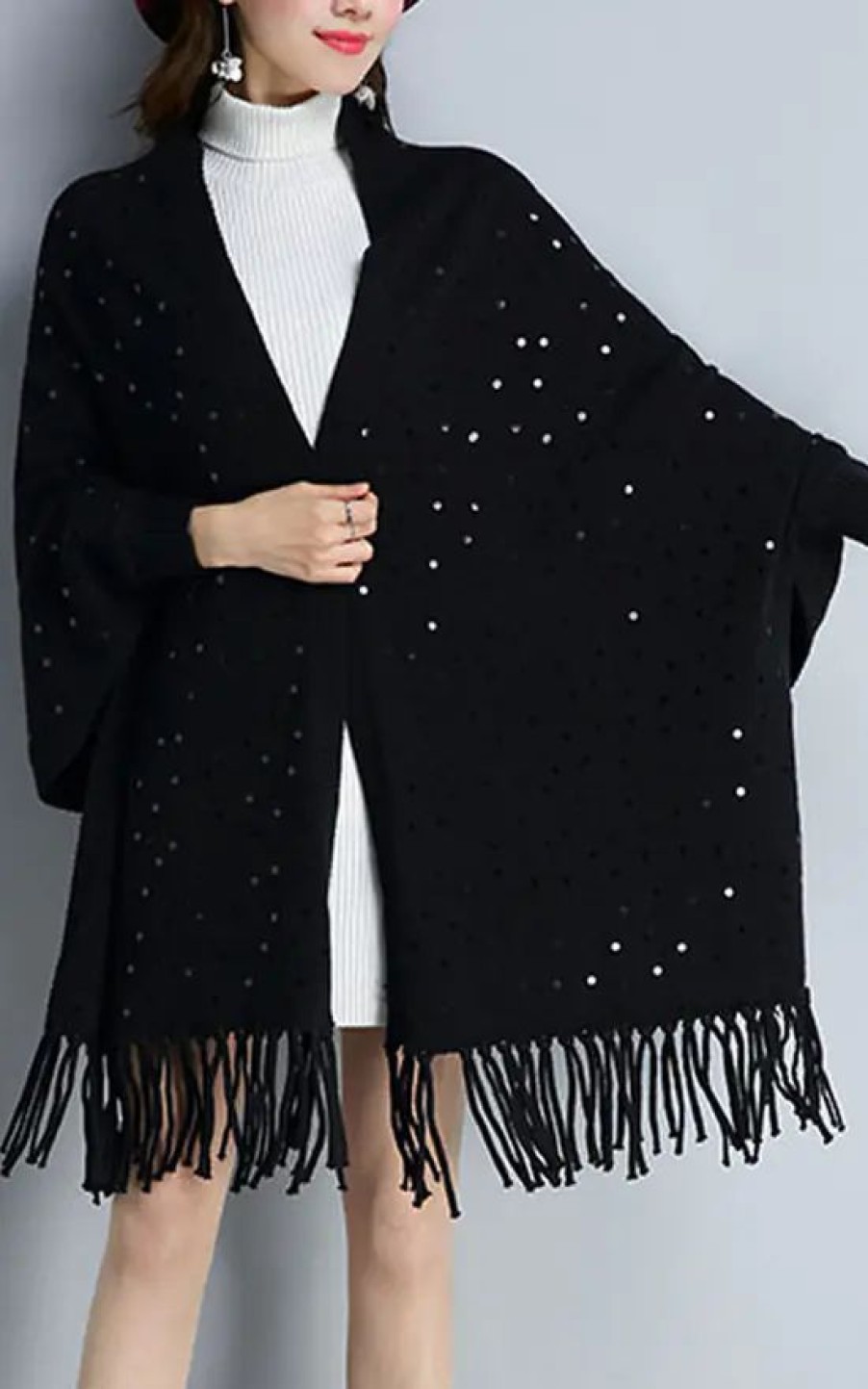 Knitwear * | Brand New Fs Collection Black Wool Blend Sequin Tassel Detail Wrap Shawls