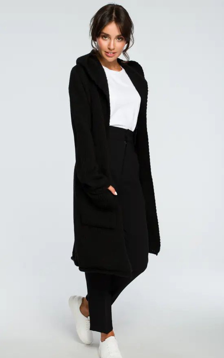 Knitwear * | New Moe Black Hooded Long Cardigan