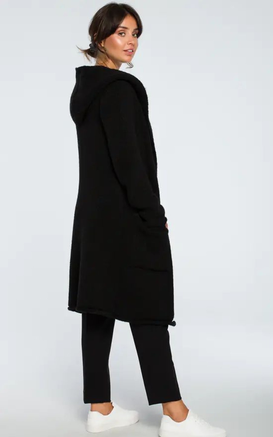 Knitwear * | New Moe Black Hooded Long Cardigan