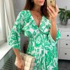 Dresses * | Buy Hoxton Gal Oversized V Neck Detailed Floral Print Mini Dress In Green And White