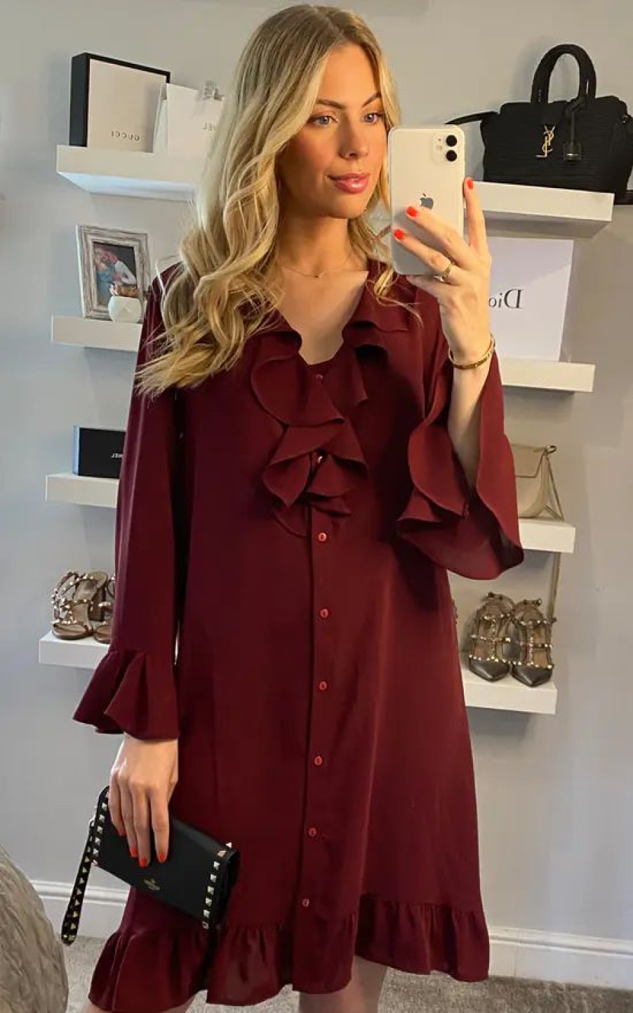 Dresses * | Best Pirce Hoxton Gal Oversized Frilled Shirt Dress In Burgundy