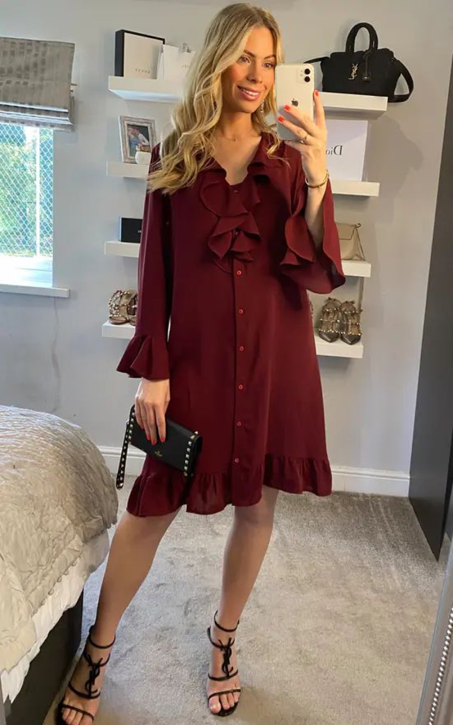 Dresses * | Best Pirce Hoxton Gal Oversized Frilled Shirt Dress In Burgundy