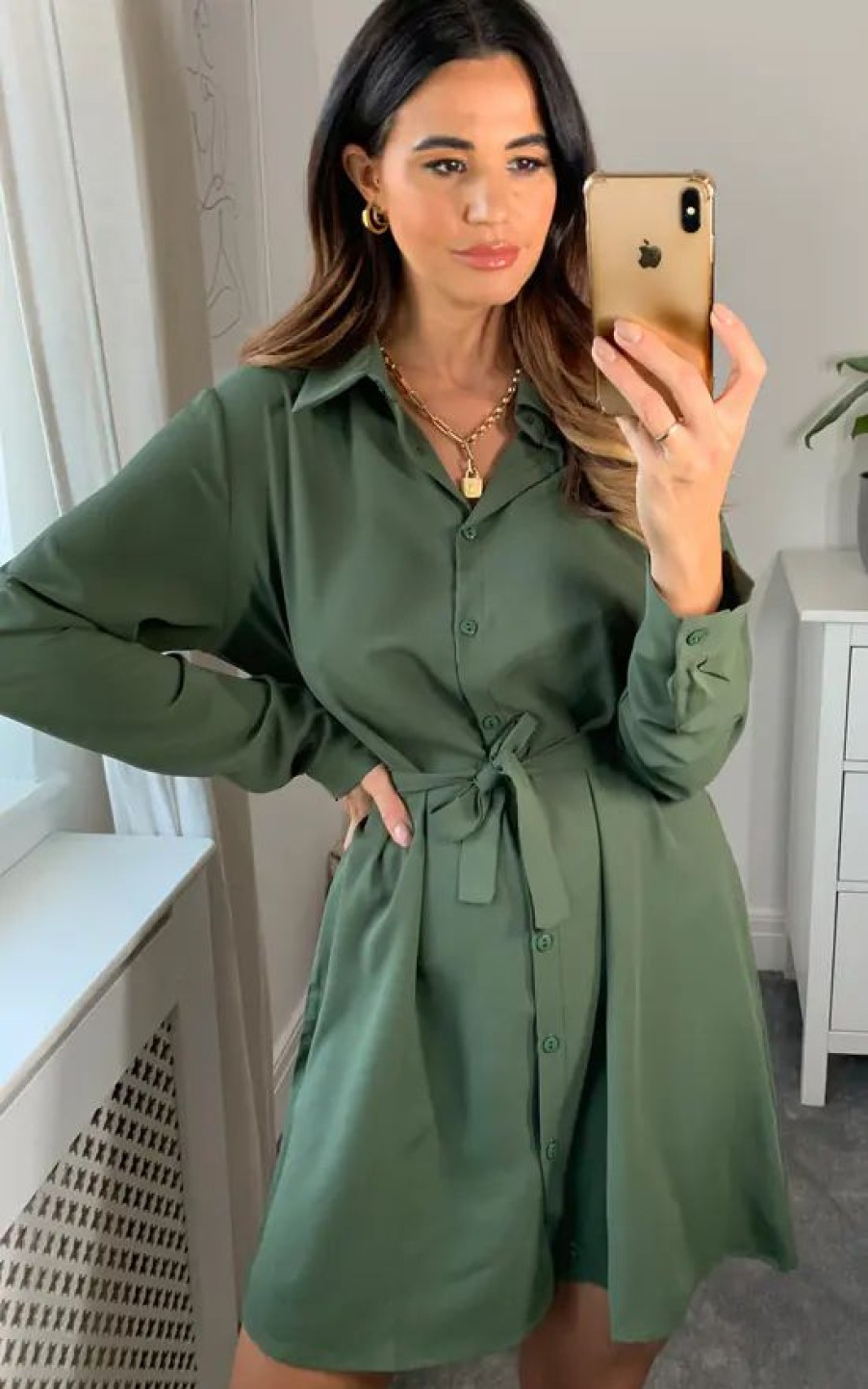 Dresses * | Best Deal Hoxton Gal Oversized Belt Detailed Tunic Shirt Dress With Long Sleeves In Khaki