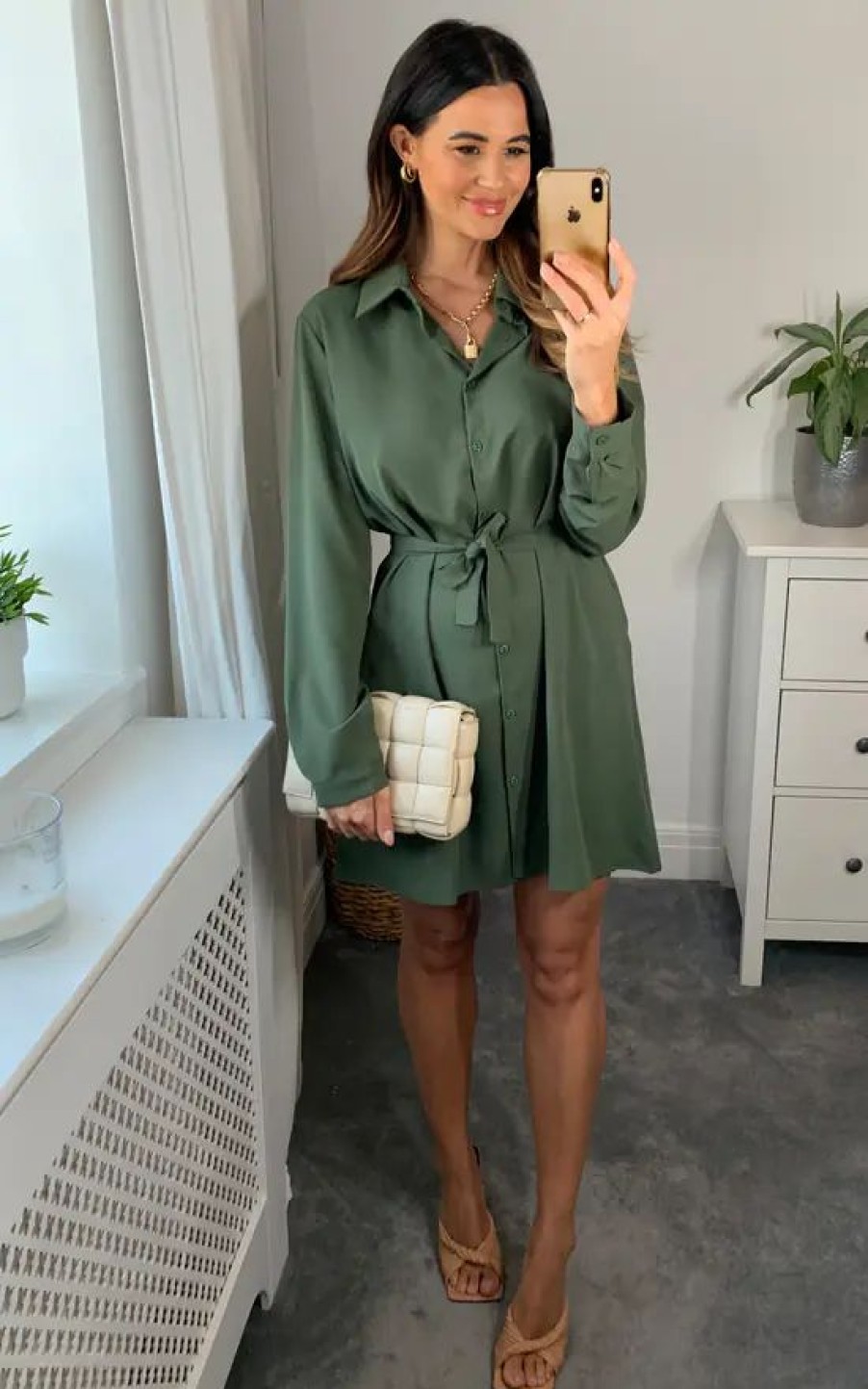 Dresses * | Best Deal Hoxton Gal Oversized Belt Detailed Tunic Shirt Dress With Long Sleeves In Khaki