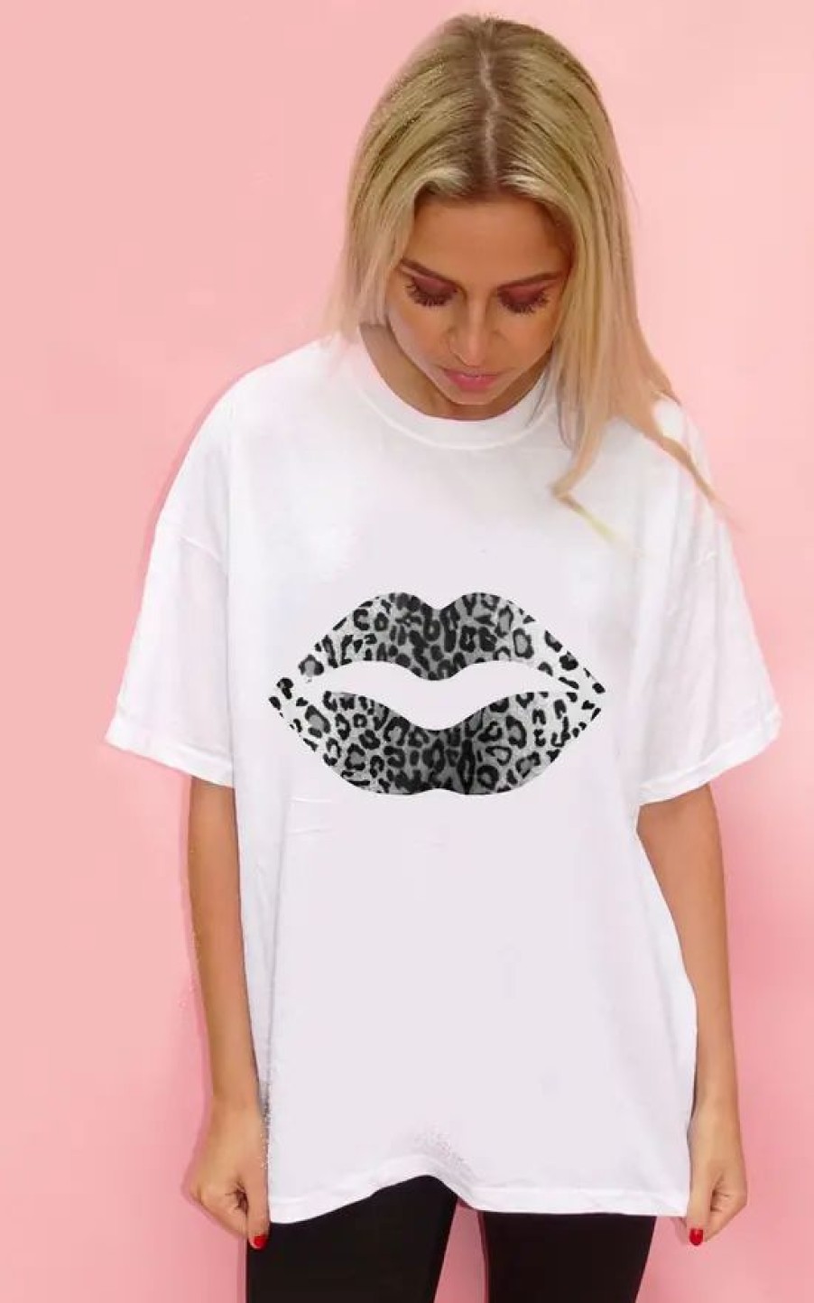 Tops * | Coupon Sade Farrell Black And White Leopard Lip Graphic Tshirt