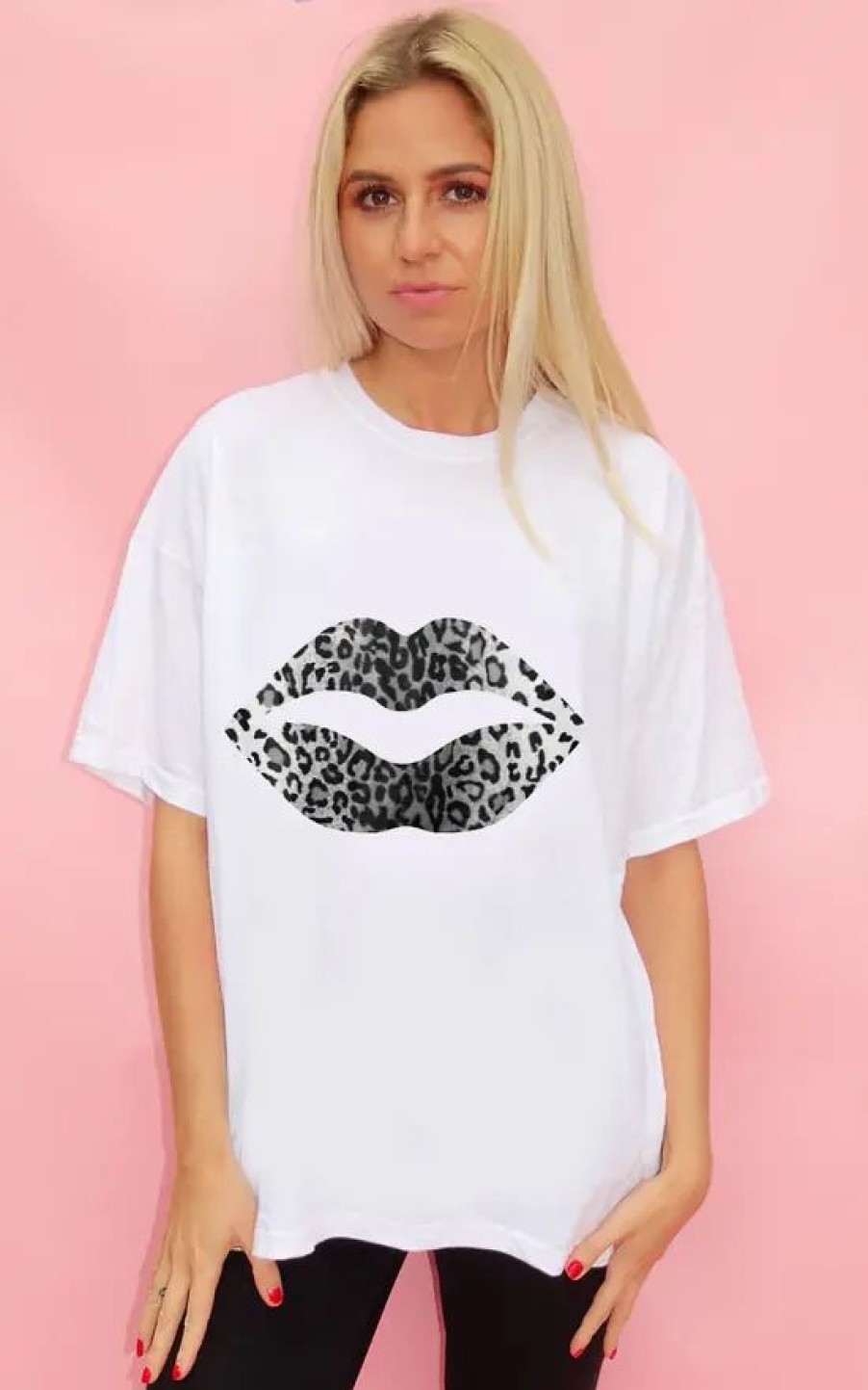 Tops * | Coupon Sade Farrell Black And White Leopard Lip Graphic Tshirt