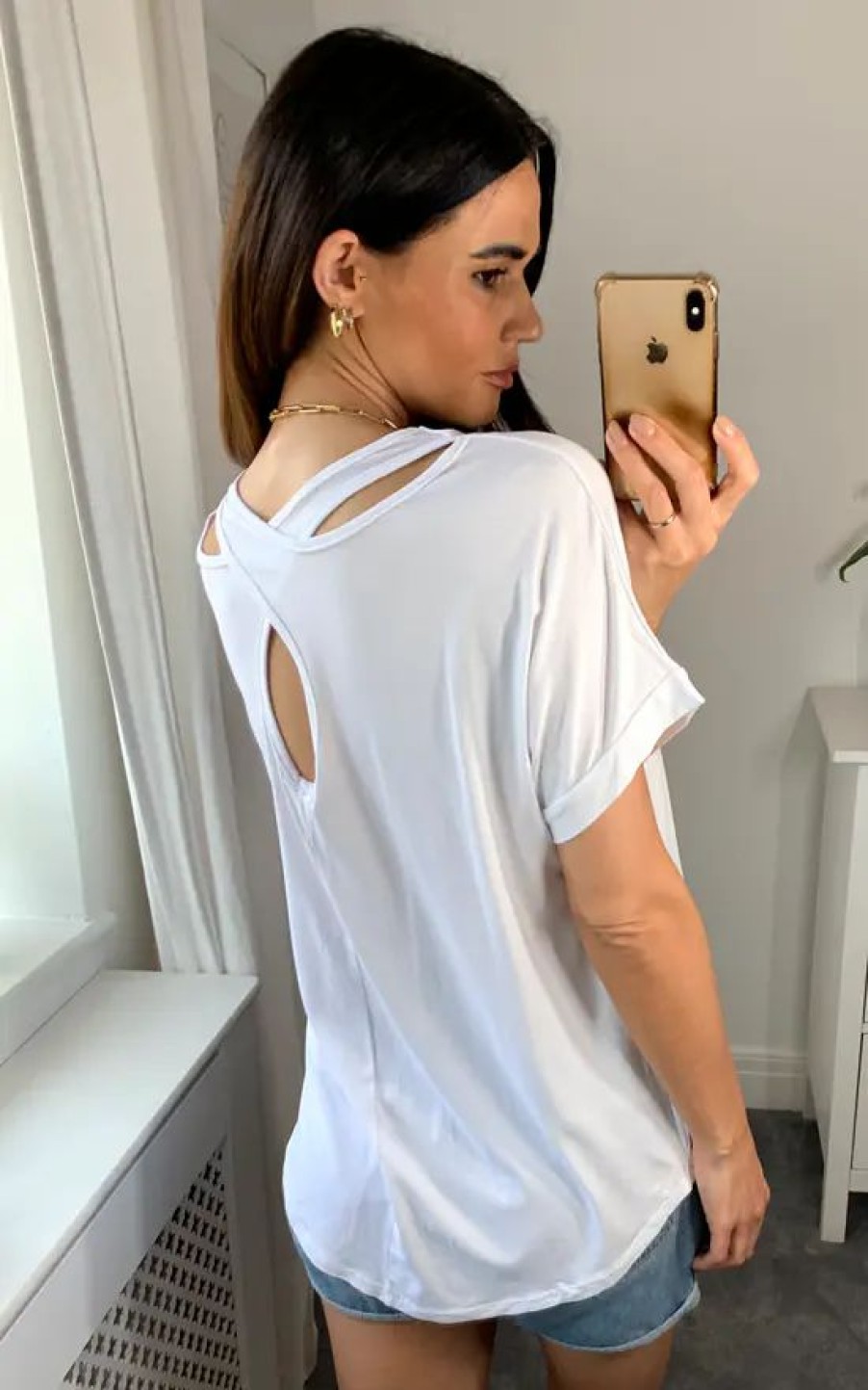 Tops * | Wholesale Hoxton Gal Oversized V Neck Short Sleeves Top With Cross Back Detail In White