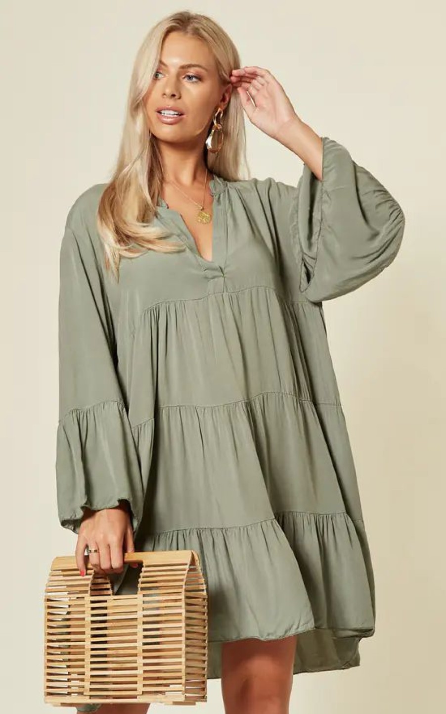 Dresses * | Brand New Blue Vanilla Libby Long Sleeve Oversized Khaki Tunic