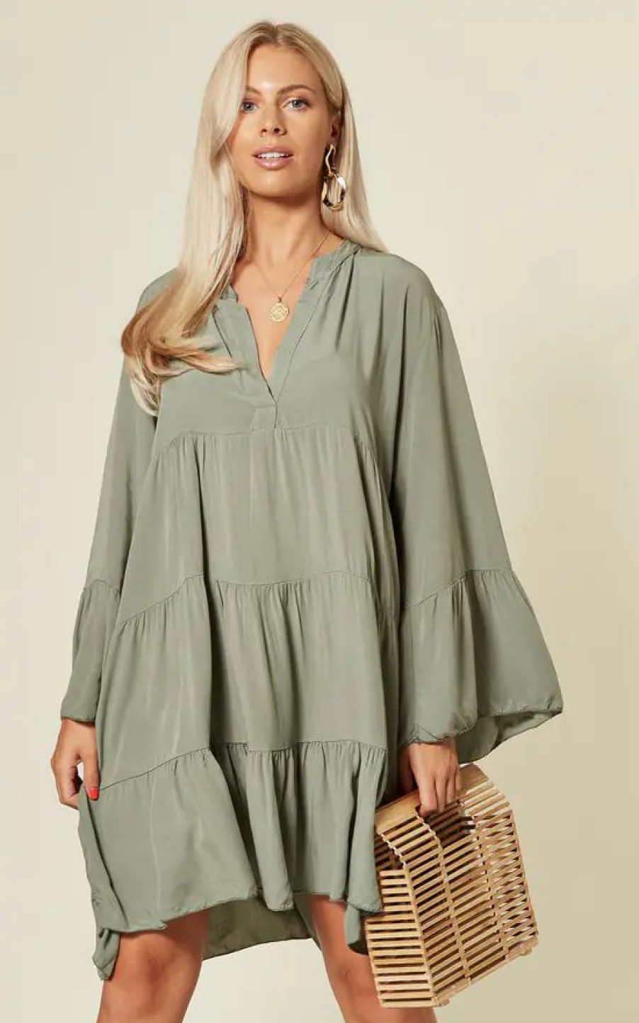 Dresses * | Brand New Blue Vanilla Libby Long Sleeve Oversized Khaki Tunic