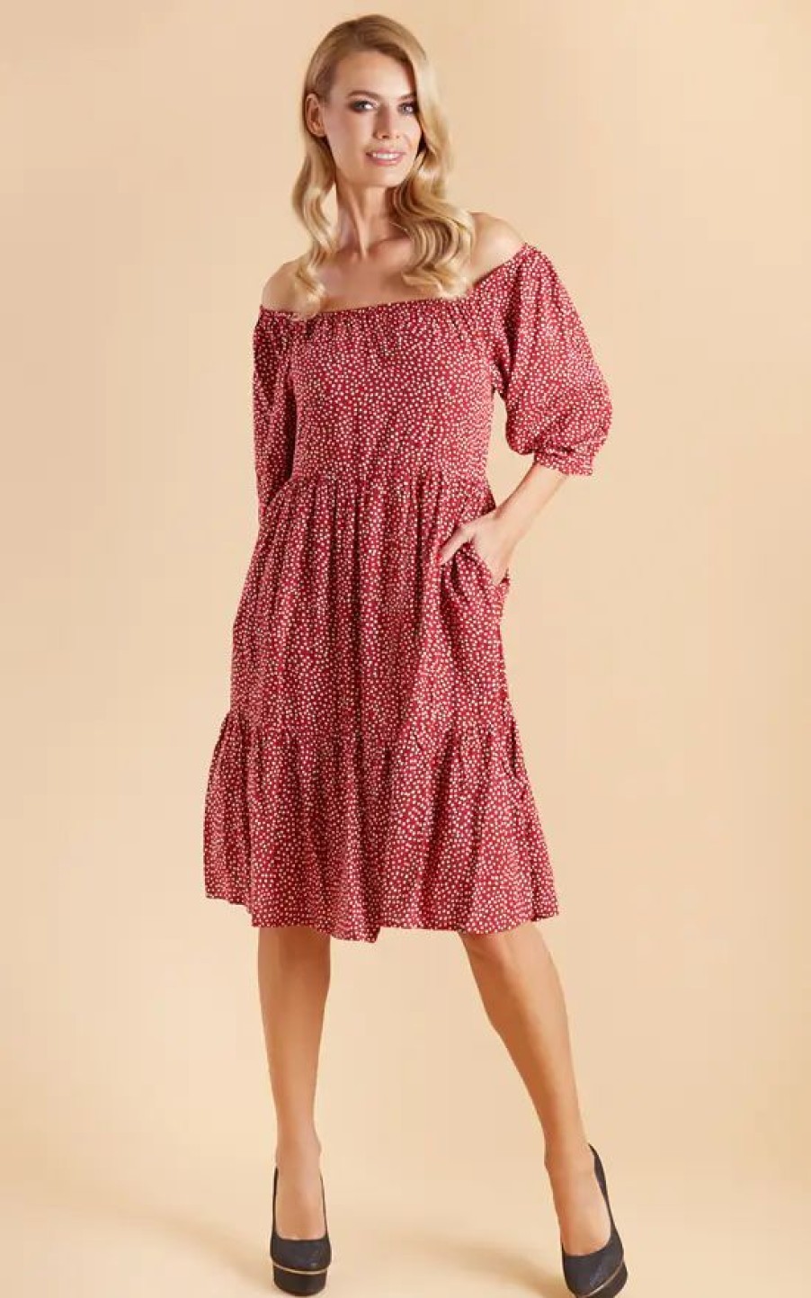 Dresses * | Cheap Dolly And Dotty Oversized Floaty Off Or On The Shoulder Day Casual Dress Burgundy Red & White Polka Dots