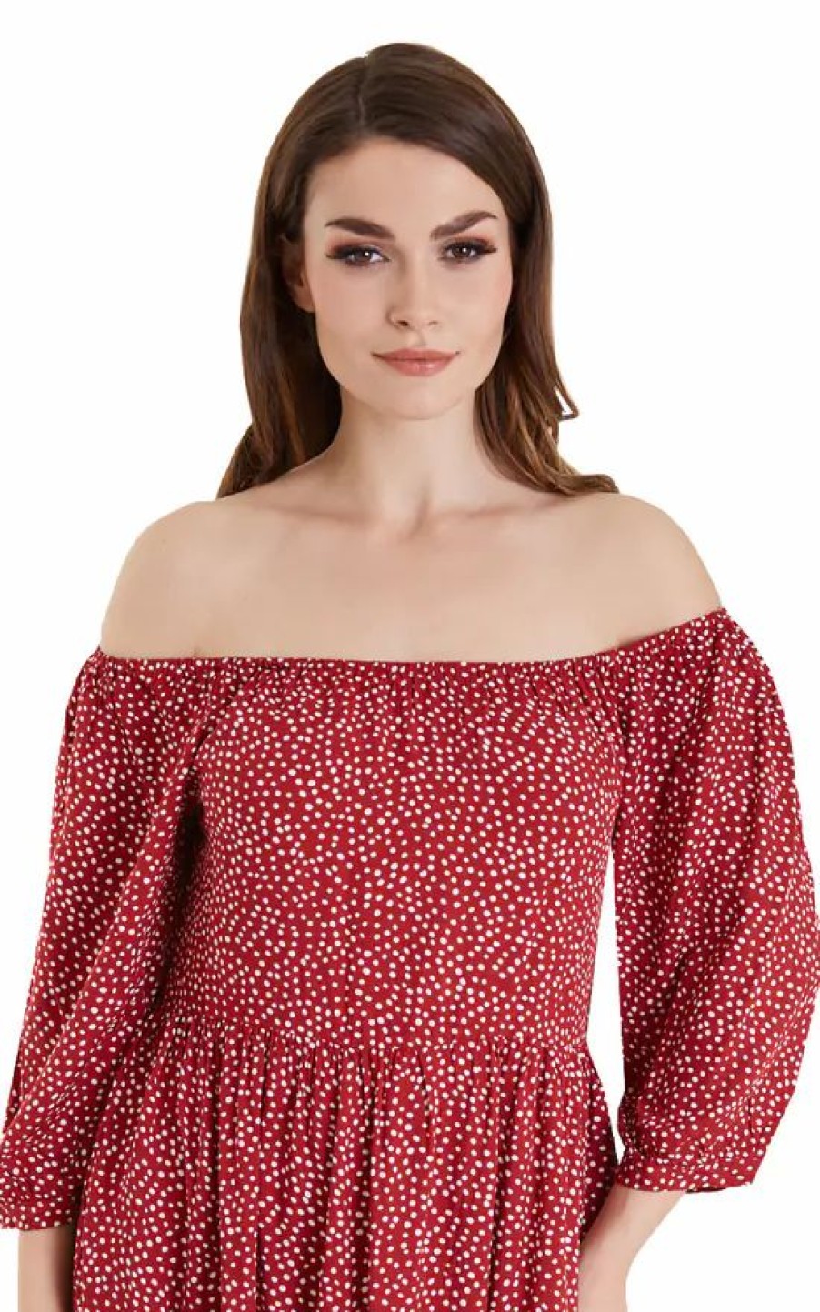 Dresses * | Cheap Dolly And Dotty Oversized Floaty Off Or On The Shoulder Day Casual Dress Burgundy Red & White Polka Dots