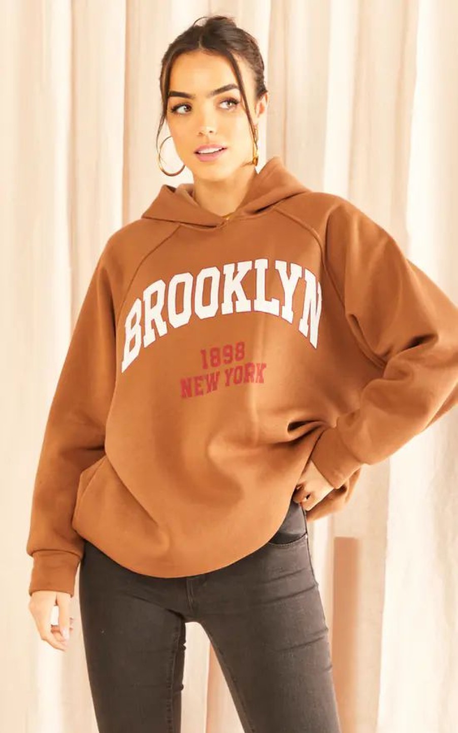 Sweaters & Hoodies * | Budget Gini London Brooklyn Oversized Hooded Jumper Sweatshirt In Brown