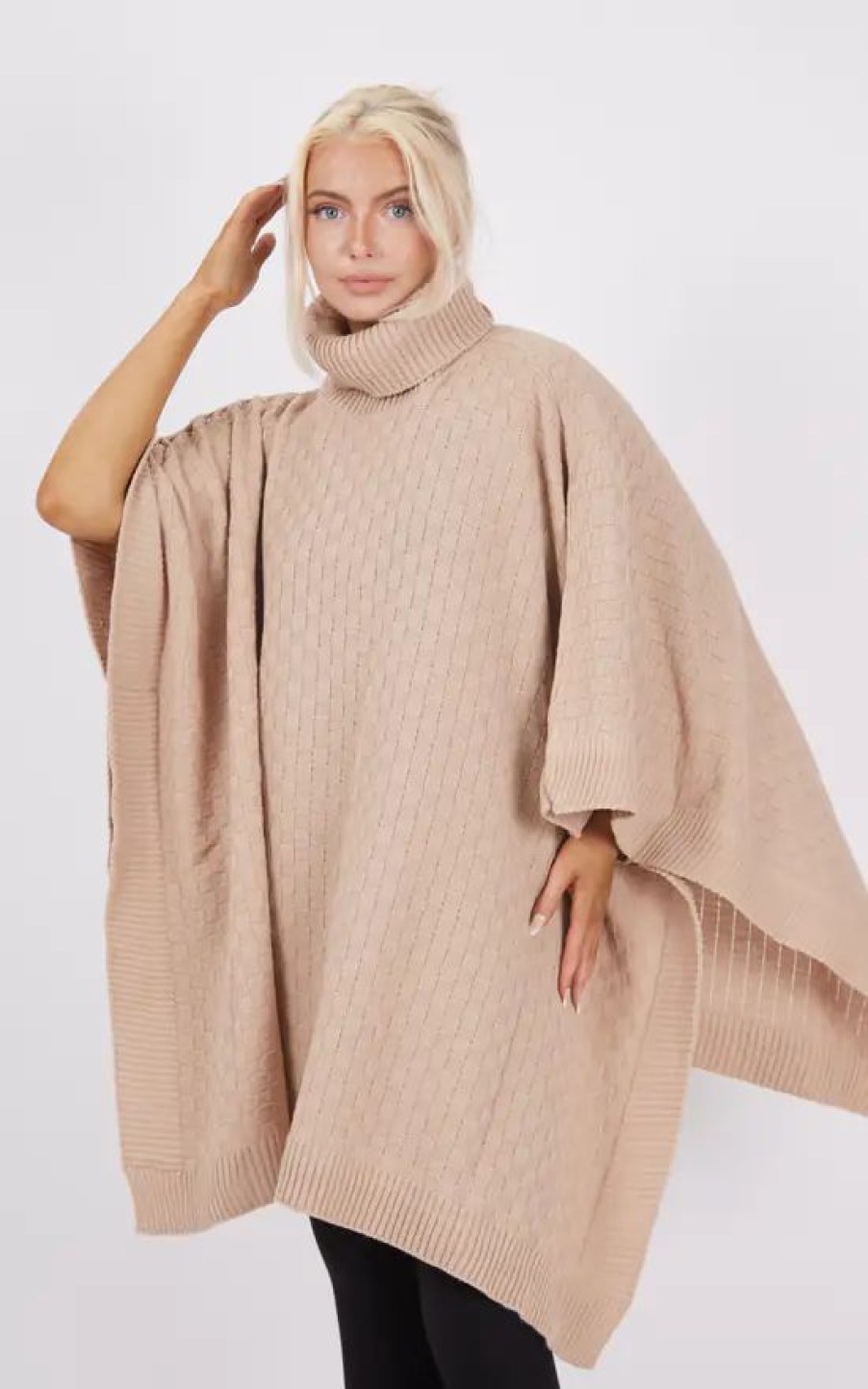 Knitwear * | Hot Sale Boutique Store Beige Pull Over Poncho One Size Fit (10 20)