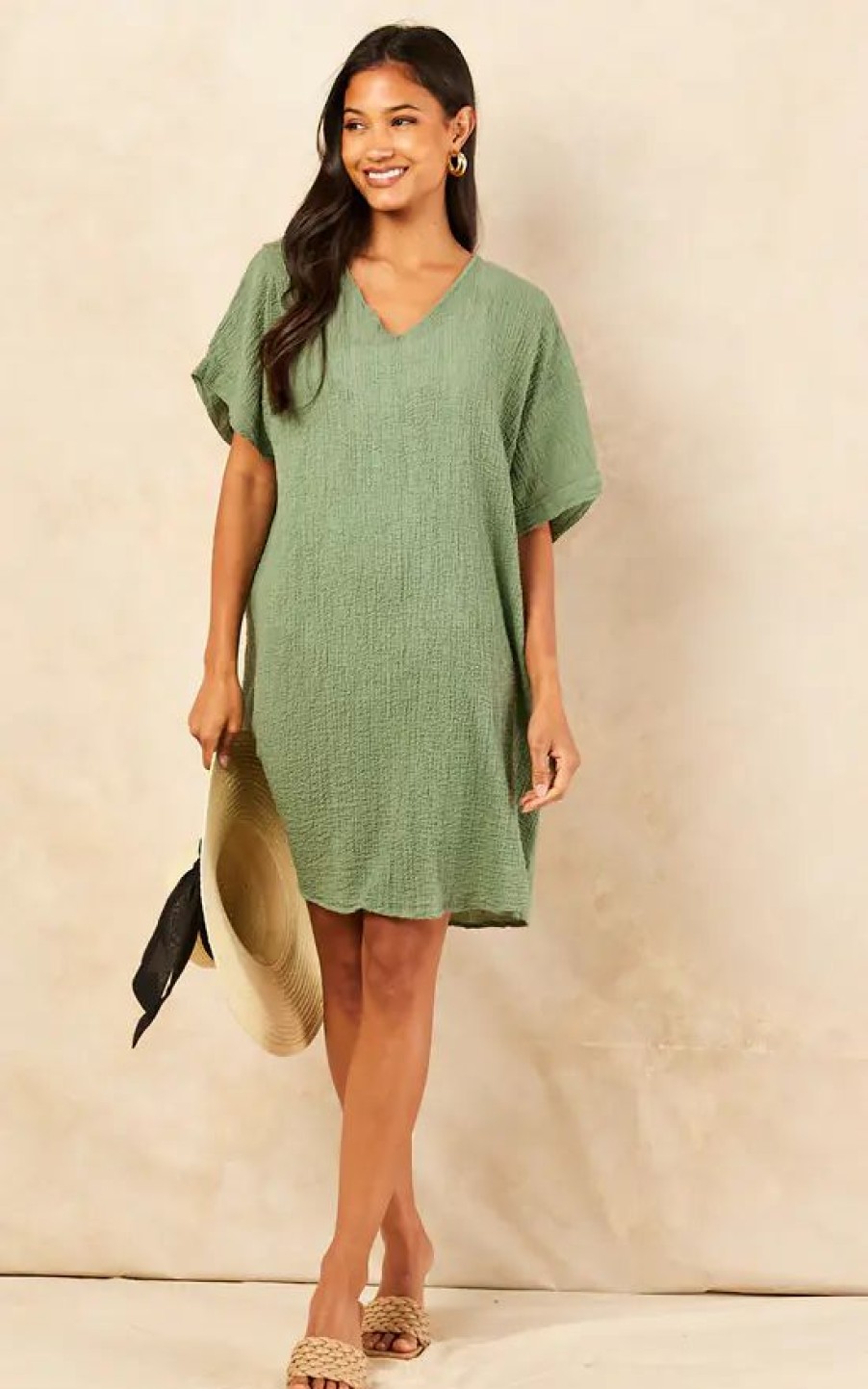 Dresses * | Cheap Ost London Tunica Oversized Beach Mini Dress Khaki Green