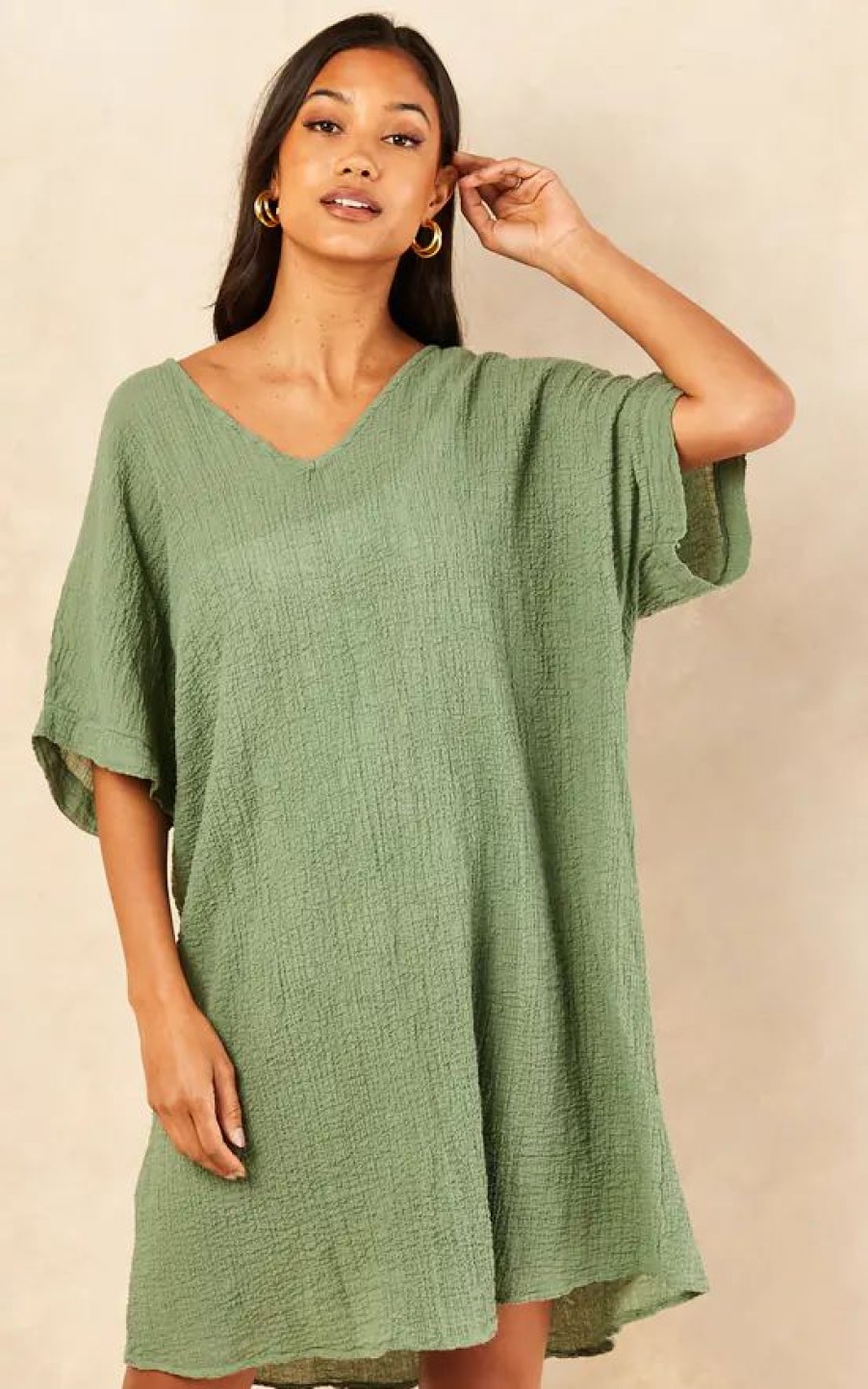 Dresses * | Cheap Ost London Tunica Oversized Beach Mini Dress Khaki Green