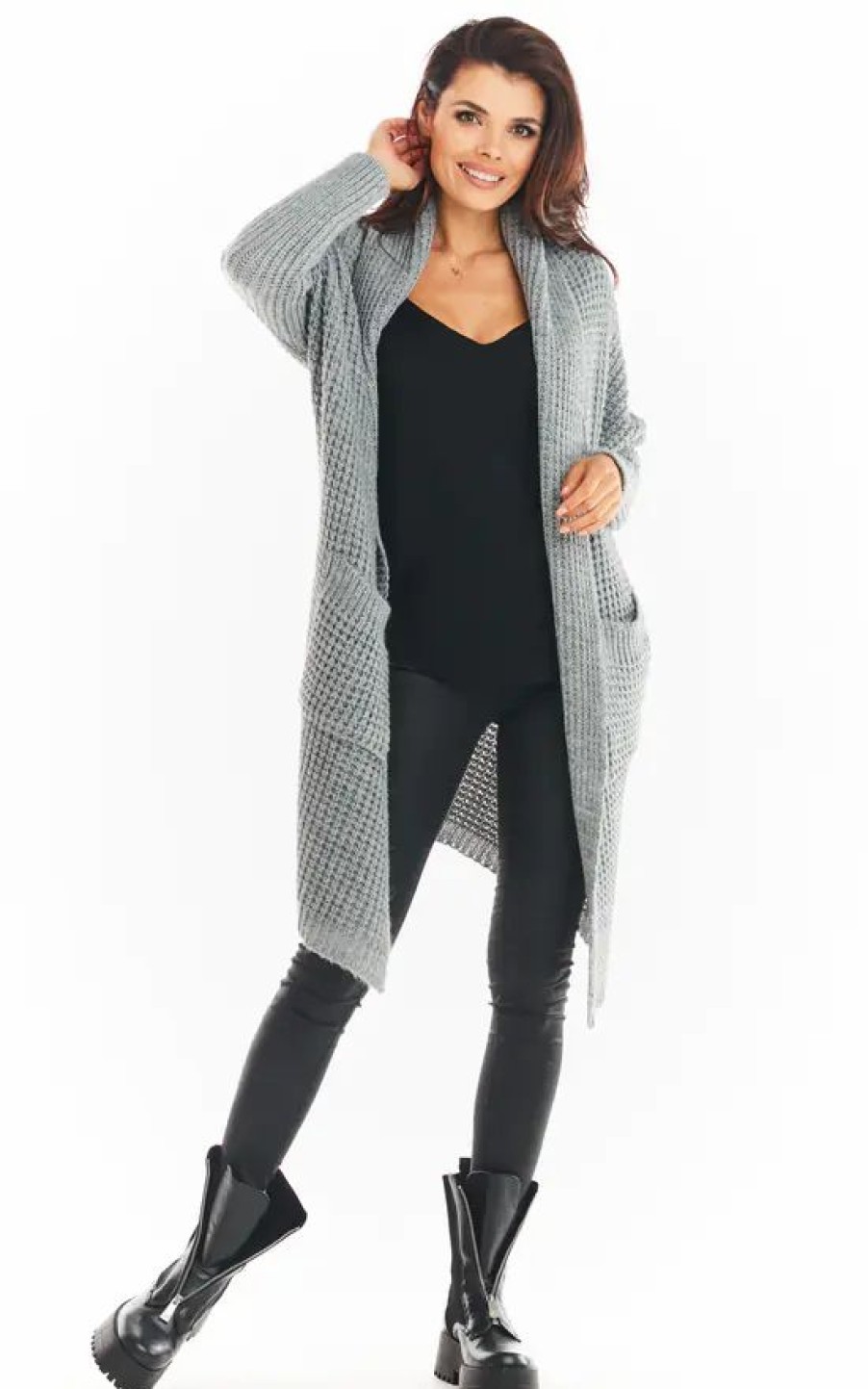 Knitwear * | New Awama Open Front Cardigan With Large Pockets In Grey