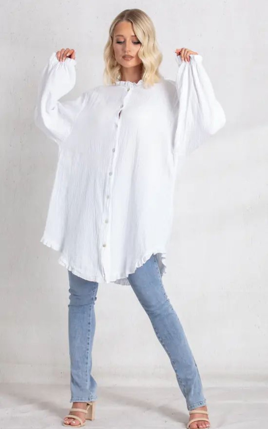 Dresses * | New Boutique Store White Cheesecloth Oversized Shirt Dress