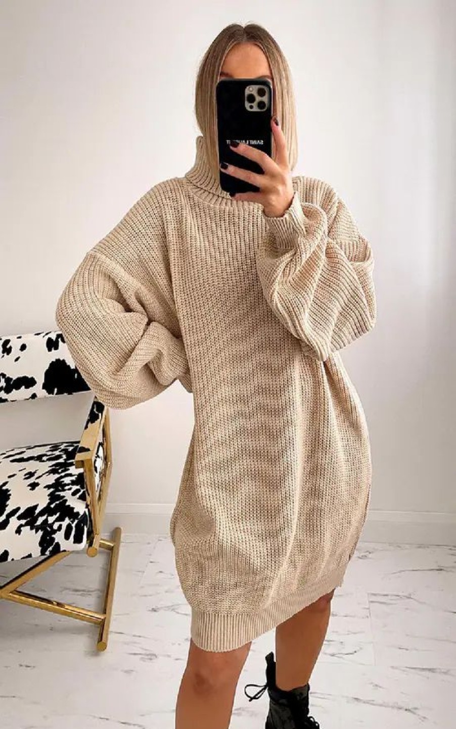 Dresses * | Best Sale Ikrush Macey High Neck Knitted Jumper Dress In Beige