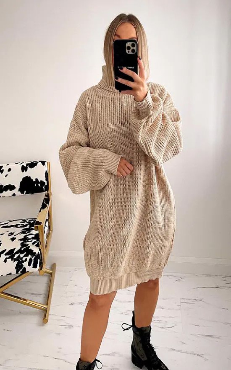 Dresses * | Best Sale Ikrush Macey High Neck Knitted Jumper Dress In Beige