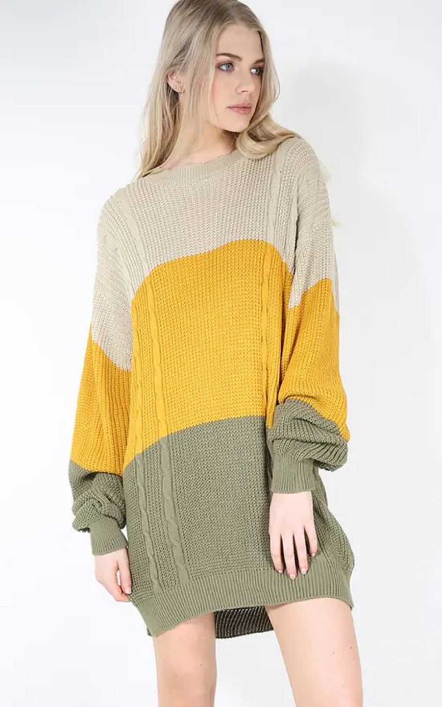 Dresses * | Flash Sale Oops Fashion Bella Oversized Jumper Dress In Khaki Stripe