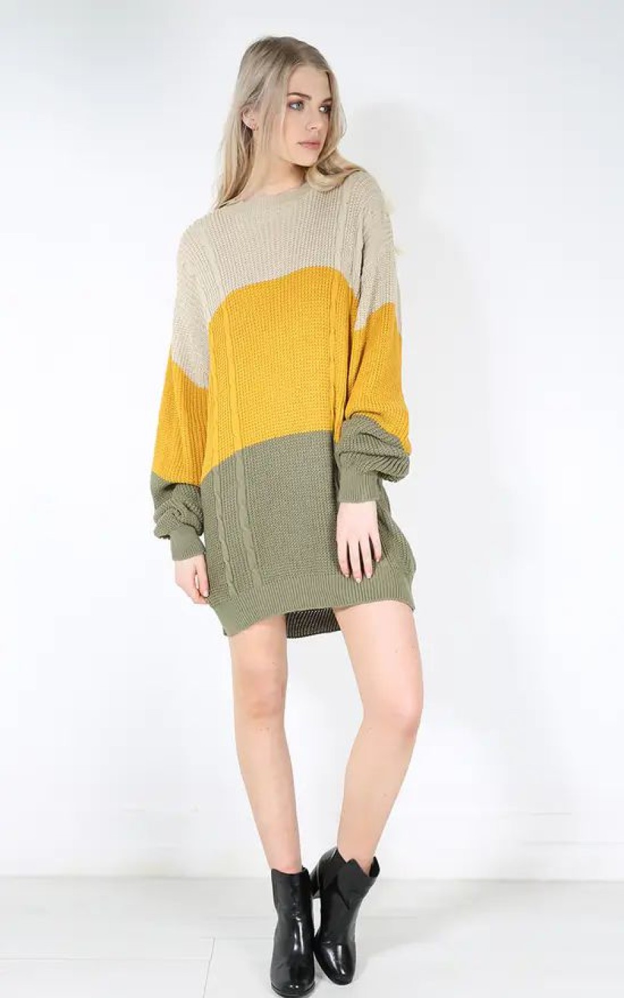 Dresses * | Flash Sale Oops Fashion Bella Oversized Jumper Dress In Khaki Stripe