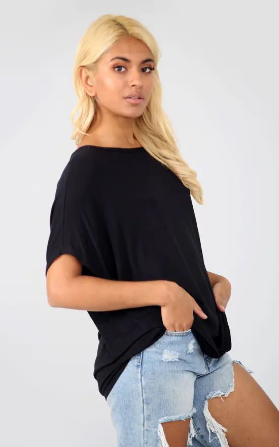 Tops * | Brand New Oops Fashion Oversized Basic Jersey T Shirt In Black