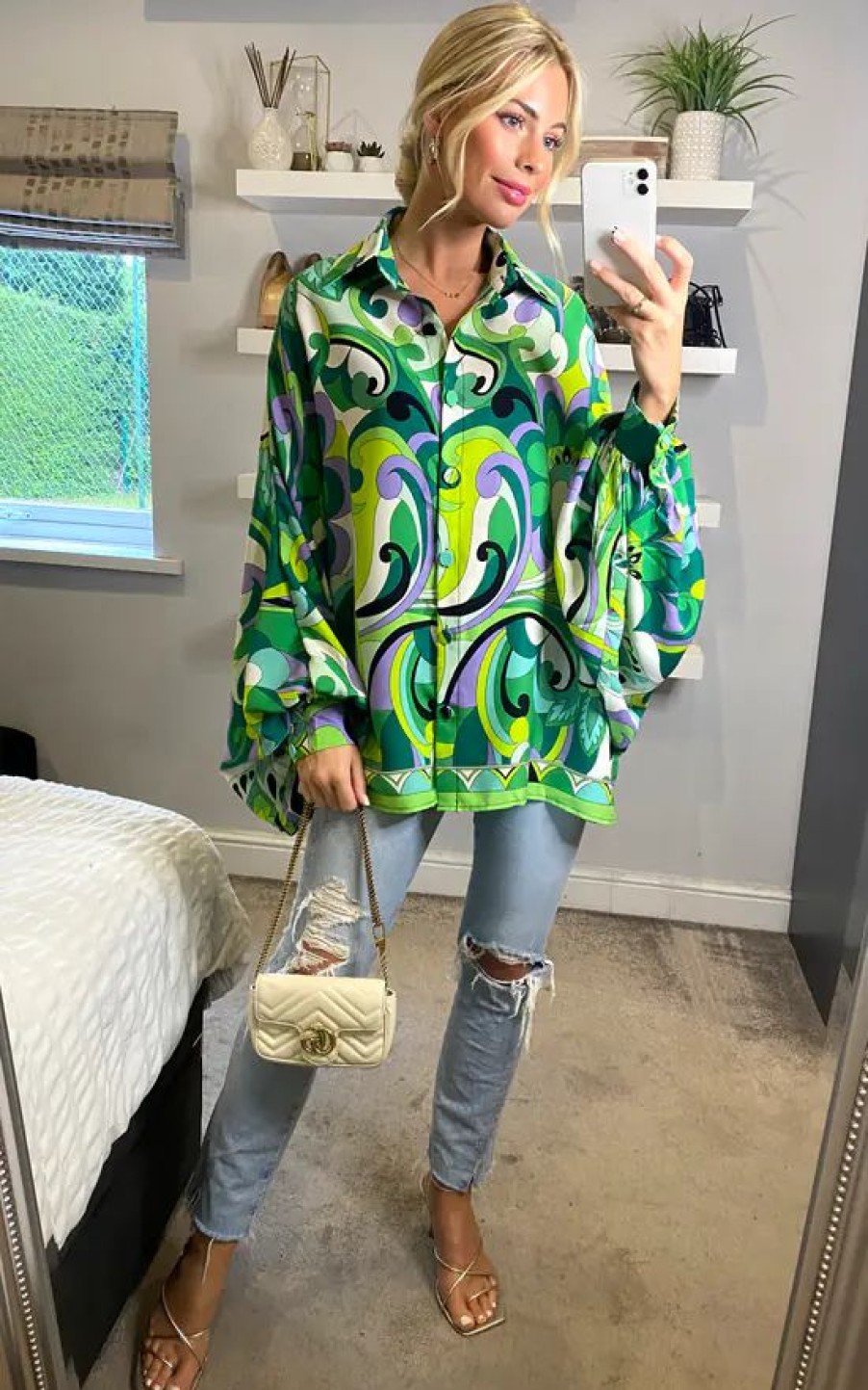 Tops * | Best Pirce Cy Boutique Oversized Long Sleeve Shirt In Green Blue Paisley Scarf Print