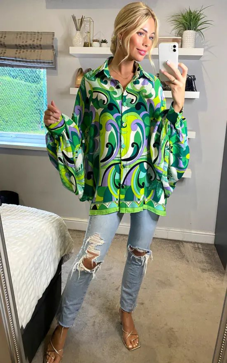 Tops * | Best Pirce Cy Boutique Oversized Long Sleeve Shirt In Green Blue Paisley Scarf Print