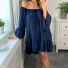 Dresses * | Discount Hoxton Gal Oversized Off Shoulder Dress With Tie Detail In Navy