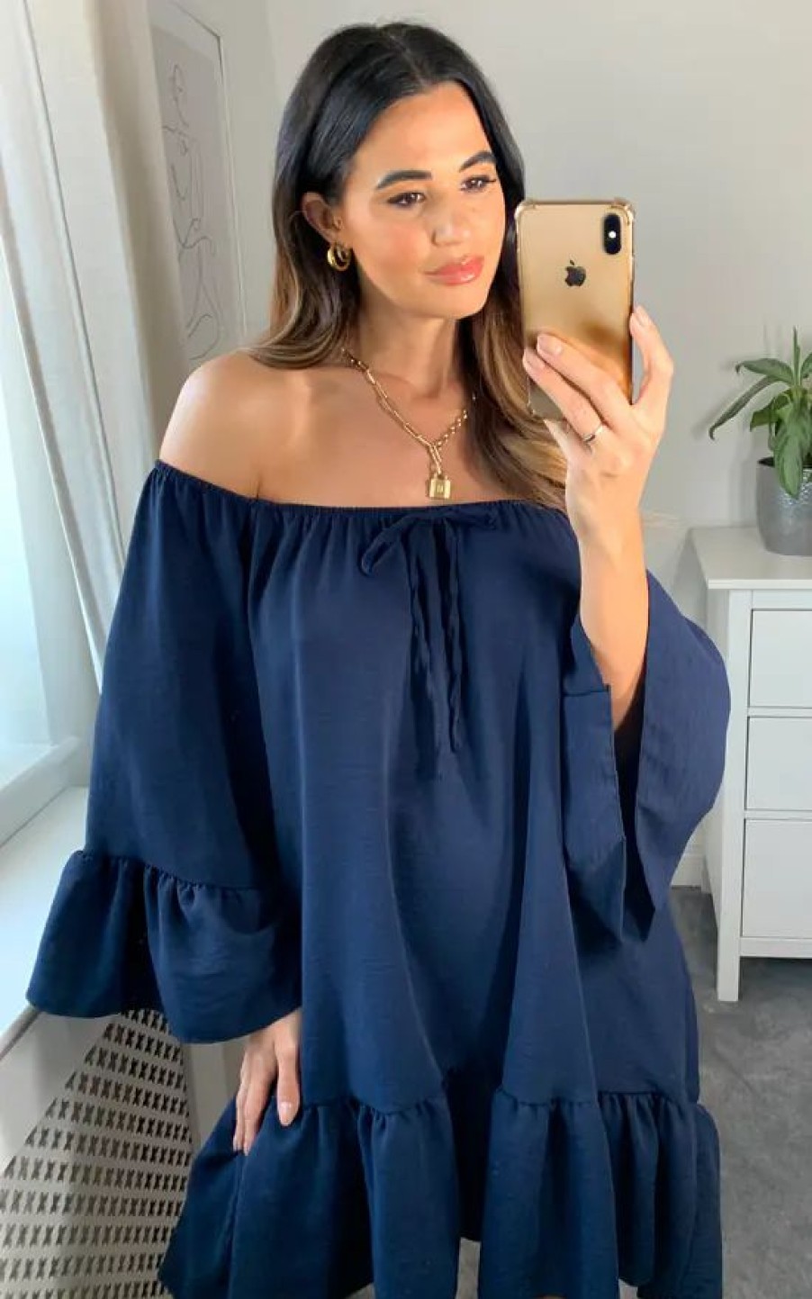 Dresses * | Discount Hoxton Gal Oversized Off Shoulder Dress With Tie Detail In Navy