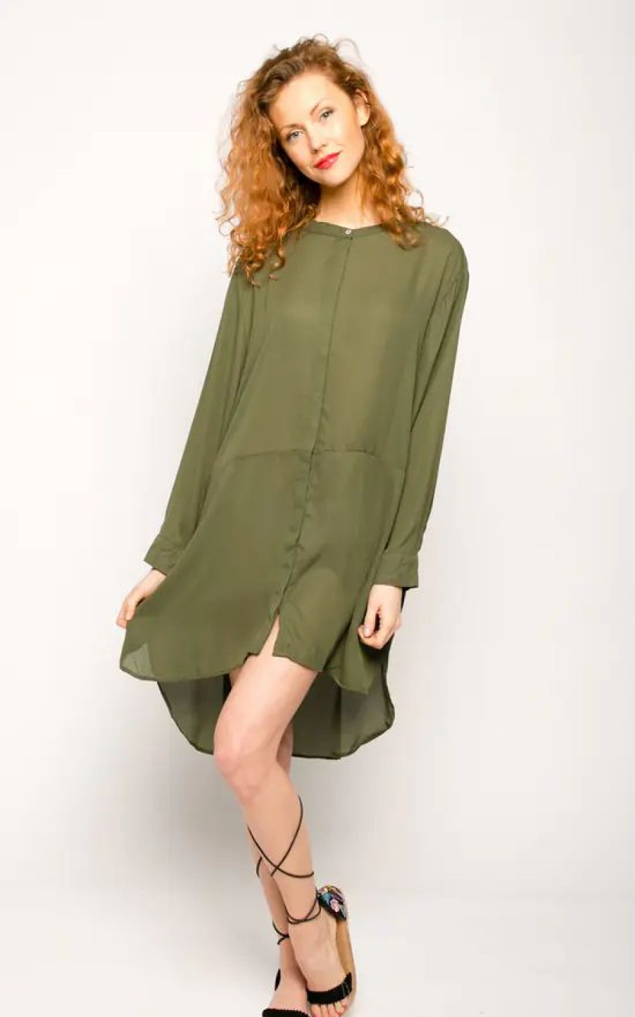 Dresses * | Brand New Cy Boutique Oversized Long Sleeve Dress In Khaki Green