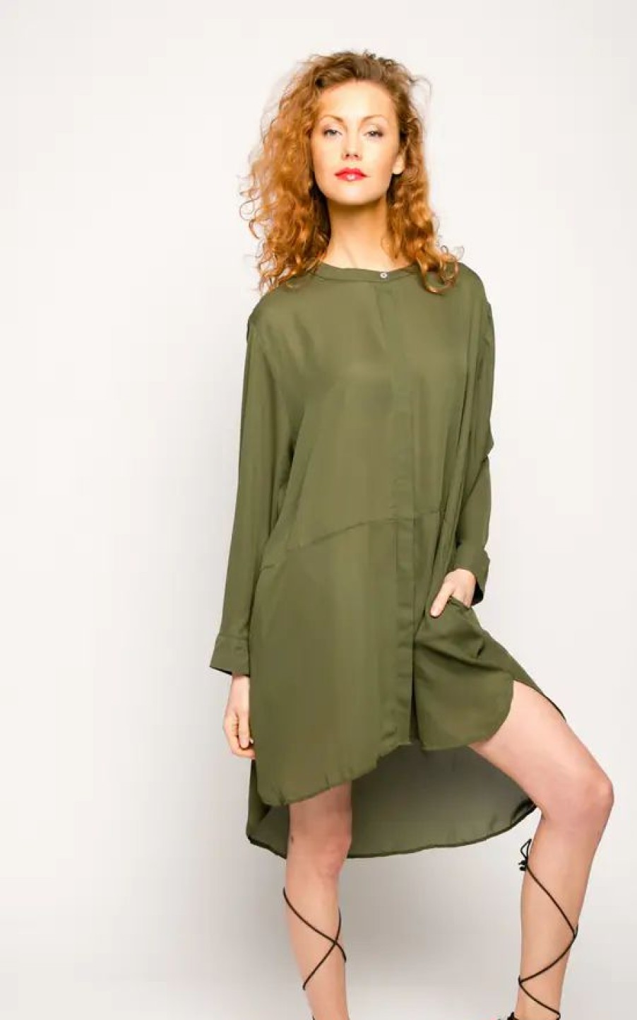 Dresses * | Brand New Cy Boutique Oversized Long Sleeve Dress In Khaki Green